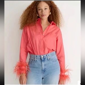 J CREW Feather-trim Cotton Poplin button-up Shirt with Collar- coral- women’s 12